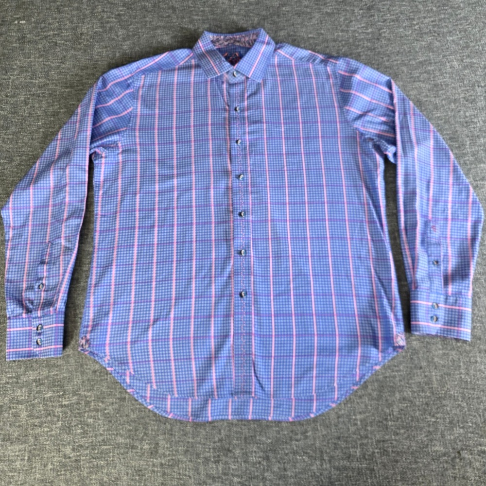 Robert Graham Mens Blue Pink Houndstooth Plaid Button Down Shirt Classic Fit L